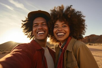 Happy young couple posing for a selfie during their adventure travel in a desert landscape