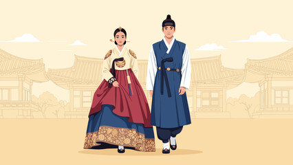 Korean couple in traditional attire walking together in front of hanok houses, perfect for cultural heritage promotion and relationship-focused marketing