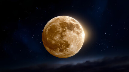 A golden moon in a dark night sky with stars is a meditative image of silence, hope and spiritual contemplation.