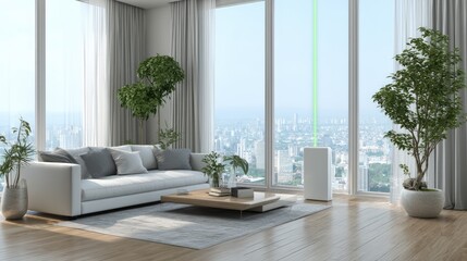 Fototapeta premium Modern Bright Living Room with City View Featuring Sofa, Plants, Coffee Table, and Large Windows in Urban Environment