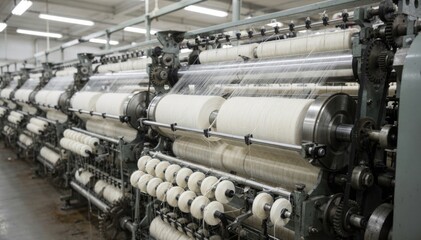 Medium shot focusing on traditional ring frames with spindles actively twisting yarn showcasing regular spinning processes in an industrial textile setting.