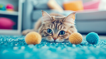 Close-up of fluffy tabby cat with striking blue eyes lying on turquoise carpet, intently focused on three small, textured yarn balls in yellow and blue, creating playful and cozy indoor scene.