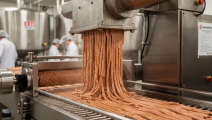 Medium shot capturing the formation of plantbased meat strips through extrusion showcasing the fibrous structure and industrial process details.