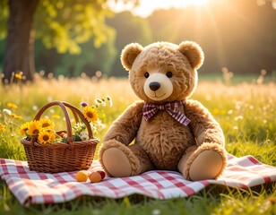 Stuffed bear sits on a red-checked blanket with flowers and candies in sunny outdoor field scenery