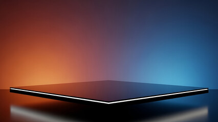 Modern Platform Display: A sleek, reflective platform floats against a vibrant gradient of warm orange and cool blue light, creating a stage for product display or presentation.
