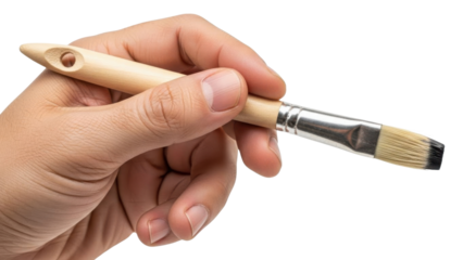 Hand Holding New Flat Bristle Paintbrush with Wooden Handle Product Shot