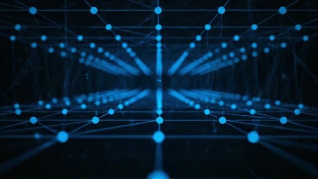 A futuristic network of blue dots and lines radiating from a central point in a dark environment
