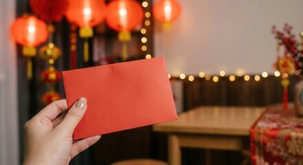 Hand holding a red envelope during Chinese New Year celebration with lanterns in background.