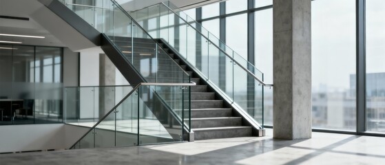 Obraz premium Bright Modern Stairwell With Glass Balustrades, Empty Corporate Atrium Flooded With Daylight, Clean Lines, Geometric Forms And Minimal Design Creating Calm Workspace Mood
