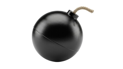 Classic black round bomb with lit fuse isolated PNG, cartoon explosive device for danger, war, and destruction concepts