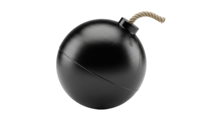 Classic black round bomb with lit fuse isolated PNG, cartoon explosive device for danger, war, and destruction concepts