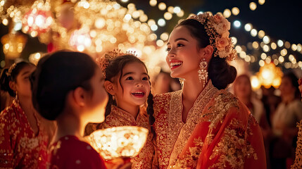 Joyful mother and daughter, adorned in traditional Indian attire, share heartwarming moment under canopy of twinkling festive lights, embodying spirit of celebration and family bonding during cultural