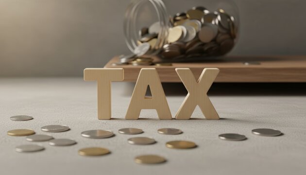 Wooden letter blocks spell tax on concrete beside loose coins and a tipped jar spilling more into a tray, symbolizing financial obligations, payments, and money outflow