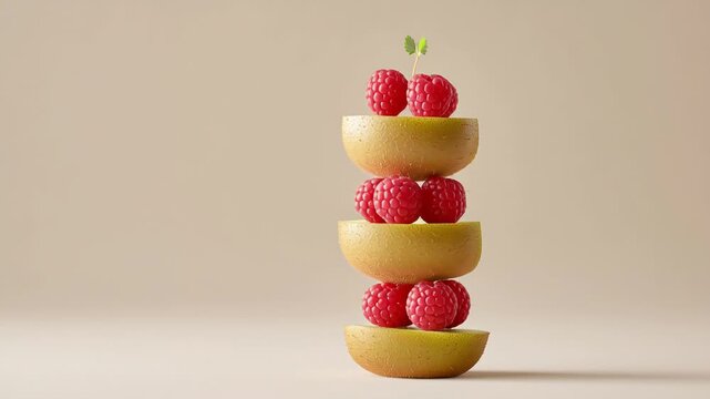 Creative fruit stack: sliced kiwi and fresh raspberries on neutral background