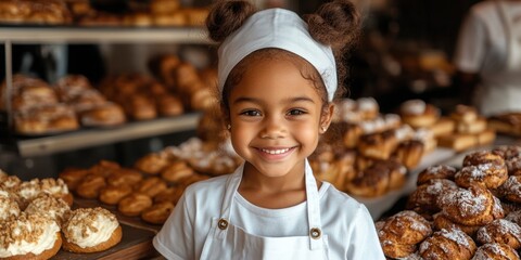 African young girl smiling in bakery surrounded by pastries and bread