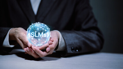 Businessman holding digital network globe with SLMs Small Language Models text icon.