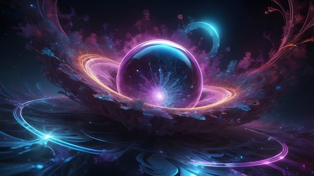 Futuristic Abstract Neon Planet in Cosmic Space Scene with Vibrant Colors