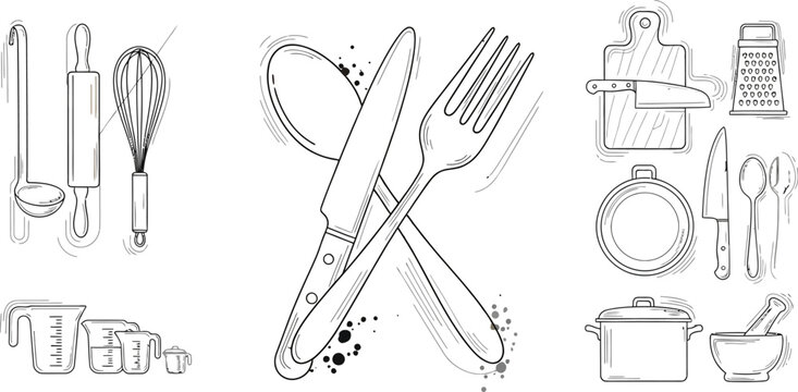 Collection of various hand drawn kitchen utensils and baking tools illustrated in a charming sketch style with light watercolor accents