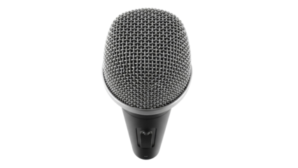 Black dynamic microphone isolated PNG on transparent background, professional audio equipment for recording and broadcasting