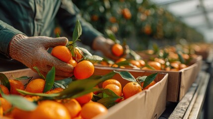 Worker wearing gloves picks fresh mandarin oranges and places them into cardboard boxes in a sunlit greenhouse environment.