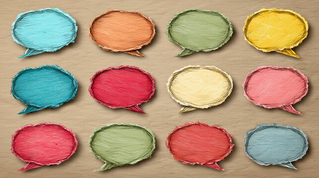 Funky y2k speech bubble scrapbook collection. Torn paper bubble shapes for dialogue, message and text. Comic colorful scrapbook collage speech bubbles. Hand drawn vector sketch. aigenerated