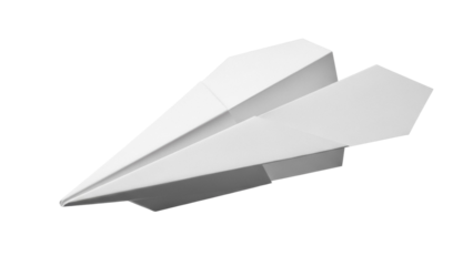 Paper airplane isolated PNG on transparent background, origami aircraft for travel and childhood themes, simple folded toy