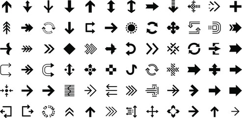 A comprehensive collection of diverse arrow icons, including directional, navigational, and action-oriented symbols for web and graphic design