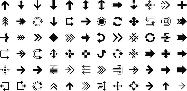 A comprehensive collection of diverse arrow icons, including directional, navigational, and action-oriented symbols for web and graphic design