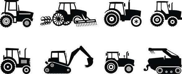 Agricultural and construction vehicle silhouettes, black icons, tractor types, excavator, combine harvester, loader, side view, machinery design, equipment variety © Mst