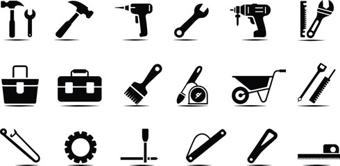 Obraz premium Construction tool silhouettes, black icons, hammer, drill, wrench, toolbox, wheelbarrow, measuring tools, DIY gear, grid layout, equipment set