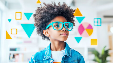 Portrait of brilliant African American child wearing vibrant blue glasses, gazing thoughtfully at floating geometric shapes and colorful data visualizations, highlighting curiosity and educational pot