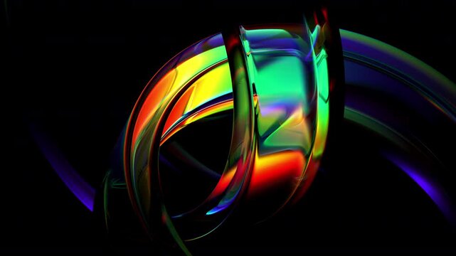 Futuristic abstract slowly rotating glass rings with intense rainbow prismatic light dispersion. Geometry in motion for innovation, digital art and modern visual. Seamless looped 4K video. 3d render