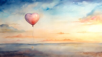 Obraz premium Pink Heart Shaped Balloon Floating Over Calm Water Reflecting Sunset Sky With Clouds