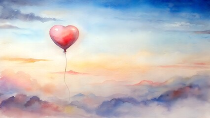 Obraz premium Red Heart Shaped Balloon Floating Above Clouds at Sunrise Warm Light Sky