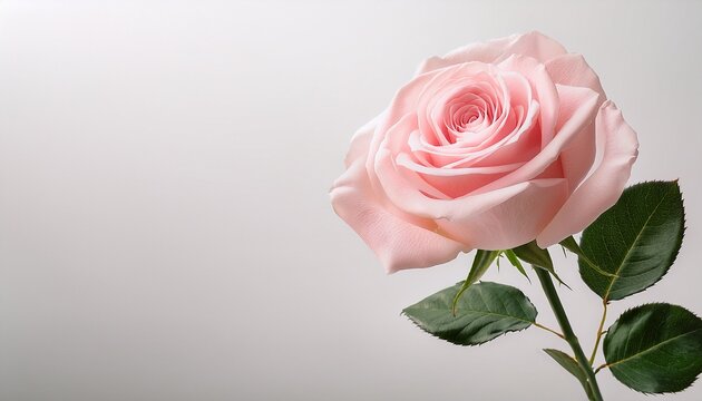 a single light pink rose with a long green stem and leaves against a plain light background image