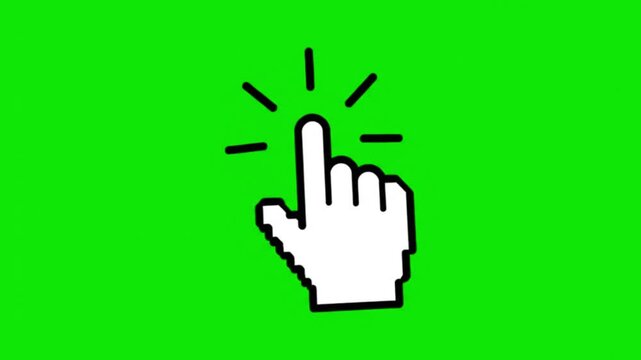 Pixelated hand cursor icon with radiating lines on green background, isolated on transparent background