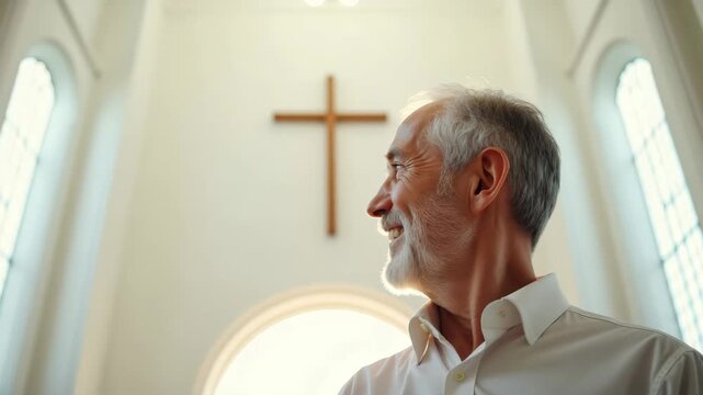 A happy senior man with a beard smiling in a church. An elderly person looking up with faith and hope. Christianity and spiritual belief concept