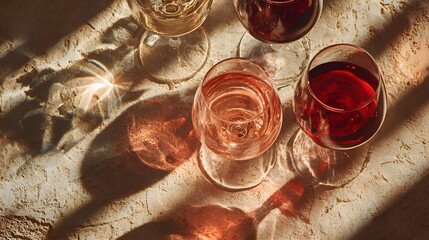 Top-down view of wine glasses filled with rose and red wine casting long artistic shadows and caustic light patterns on a beige surface.