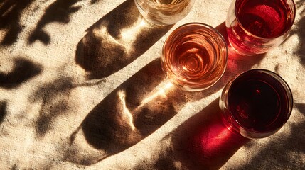 Top-down view of wine glasses filled with rose and red wine casting long artistic shadows and caustic light patterns on a beige surface.