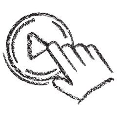 Vector icon of a hand pressing the Play button. Dark brown textured charcoal sketch in a linear style on transparent background. Start, launch, and multimedia activation concept
