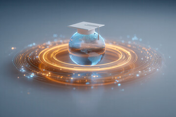 Digital globe wearing a graduation cap surrounded by glowing futuristic rings symbolizing global education and advanced learning technologies