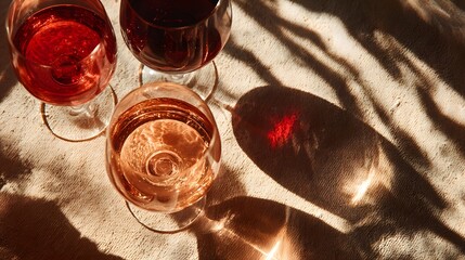 Top-down view of wine glasses filled with rose and red wine casting long artistic shadows and caustic light patterns on a beige surface.