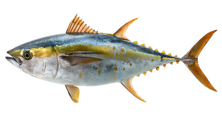 Obraz premium Vivid lateral view of a sizable fish with prominent fins and yellow, iridescent highlights