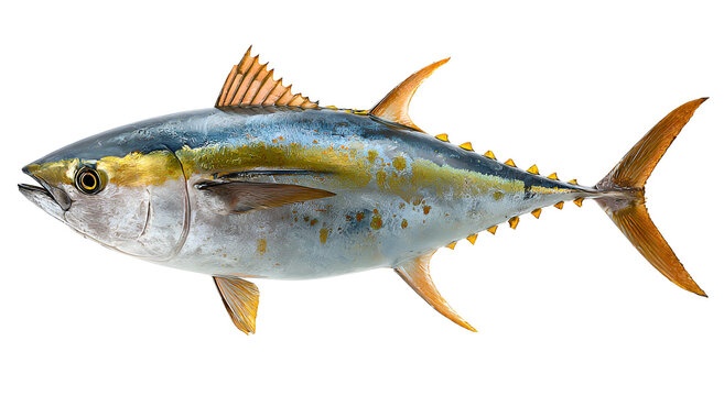 Vivid lateral view of a sizable fish with prominent fins and yellow, iridescent highlights