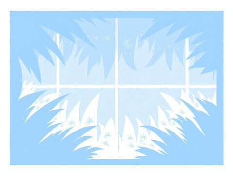 Frosty window pane with ice crystals and snow covered grass outside in winter