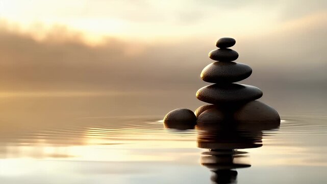 Fitness. Exercise. New Year resolution. Healthy lifestyle theme. A tranquil serene scene featuring a stack of pebbles amidst calm waters during what appears to be either dawn or dusk.