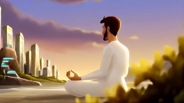 Fitness. Exercise. New Year resolution. Healthy lifestyle theme. A digital artwork depicting a man in a meditative pose against a serene sunset backdrop. The man is depicted in a white robe.