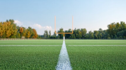 Green football field with goalposts under a clear blue sky surrounded by lush trees, ideal for sports photography and outdoor activities.