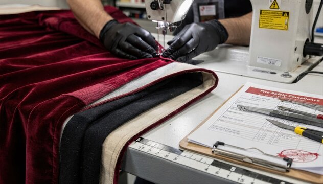 Close view of a technician assembling lined theater curtains with fireresistant materials emphasizing the layering process and safety compliance.