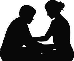 Fototapeta premium Two figures shown in dark silhouette providing mutual comfort and attentive listening, suggesting empathy, caregiving, or deep emotional support.